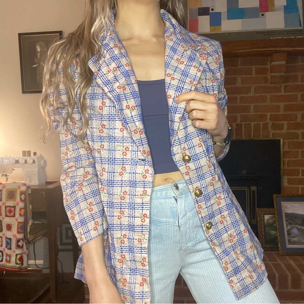 Vintage 1970s Daisy Floral Plaid 3 Button Statement Blazer Oversized Han… - Picture 6 of 15